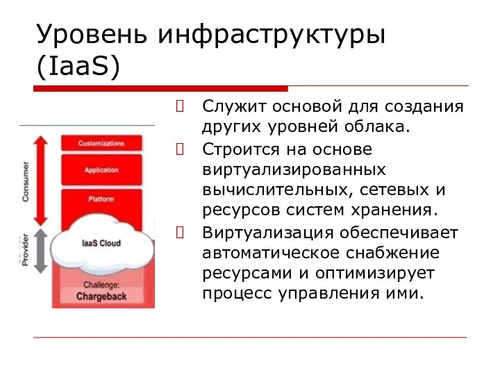 Уровень инфраструктуры (IaaS) Служит основой для создания других уровней облака.