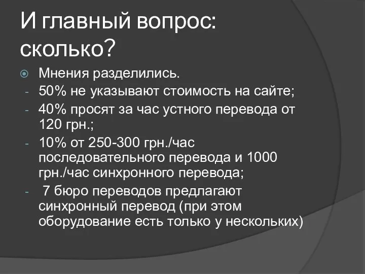 И главный вопрос: сколько? Мнения разделились. 50% не указывают стоимость на сайте; 40%