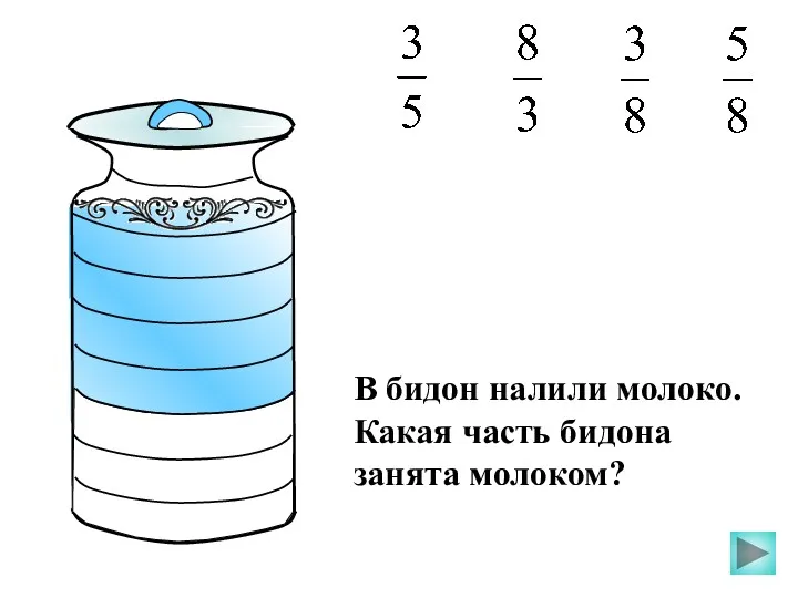 В бидон налили молоко. Какая часть бидона занята молоком?
