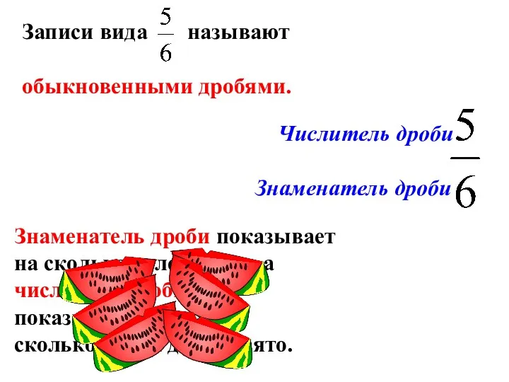 Знаменатель дроби показывает на сколько долей делят, а числитель дроби