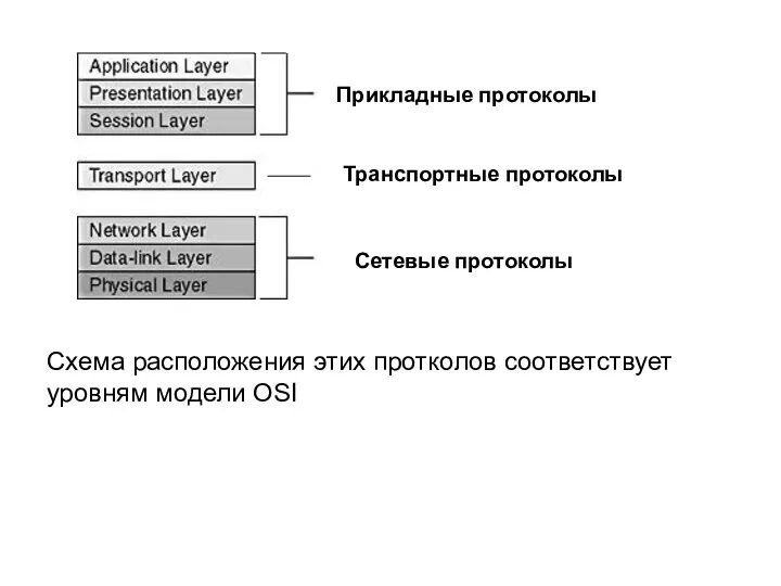 Схема расположения этих протколов соответствует уровням модели OSI Прикладные протоколы Транспортные протоколы Сетевые протоколы