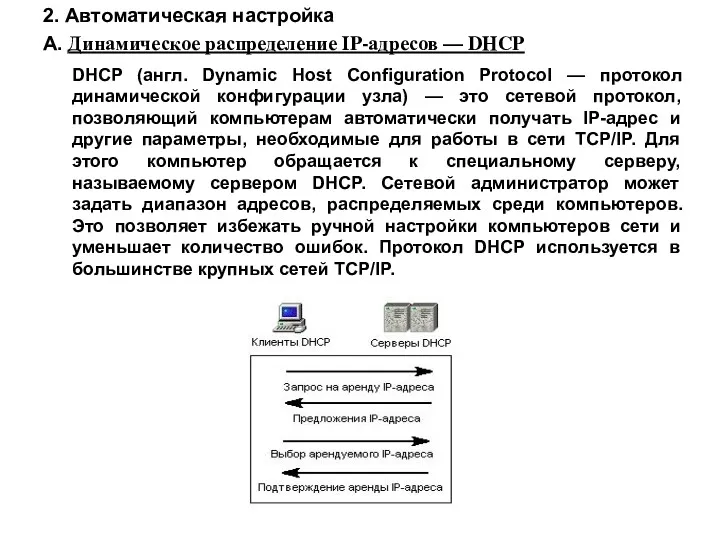 2. Автоматическая настройка А. Динамическое распределение IP-адресов — DHCP DHCP