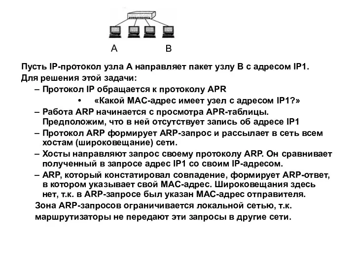 Пусть IP-протокол узла А направляет пакет узлу В c адресом