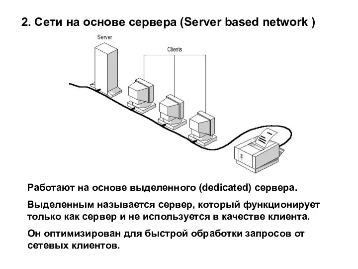 2. Сети на основе сервера (Server based network ) Работают