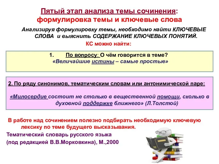 Пятый этап анализа темы сочинения: формулировка темы и ключевые слова