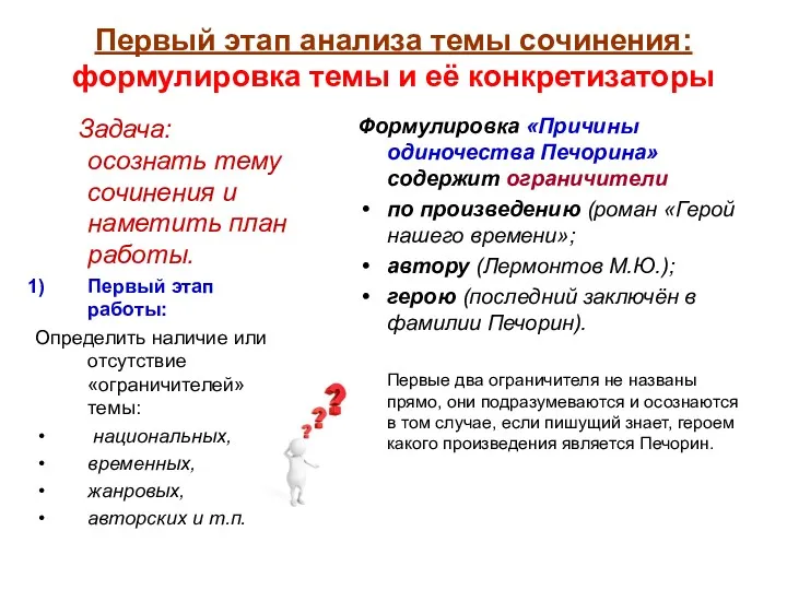 Первый этап анализа темы сочинения: формулировка темы и её конкретизаторы