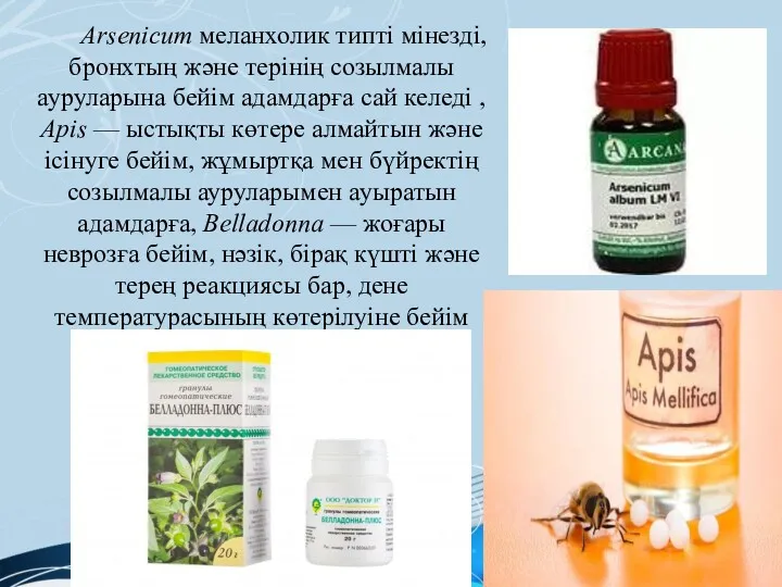 Arsenicum меланхолик типті мінезді,бронхтың және терінің созылмалы ауруларына бейім адамдарға