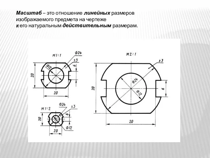 Масштаб – это отношение линейных размеров изображаемого предмета на чертеже к его натуральным действительным размерам.