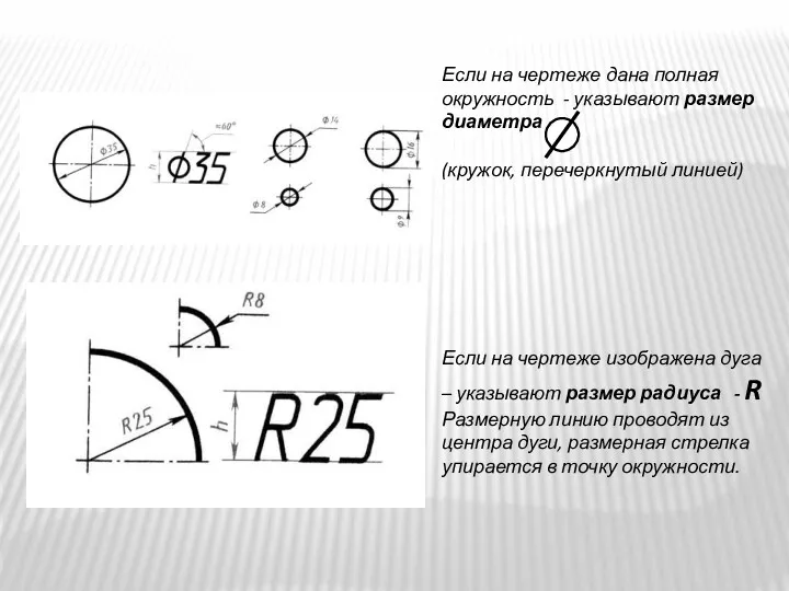 Если на чертеже дана полная окружность - указывают размер диаметра