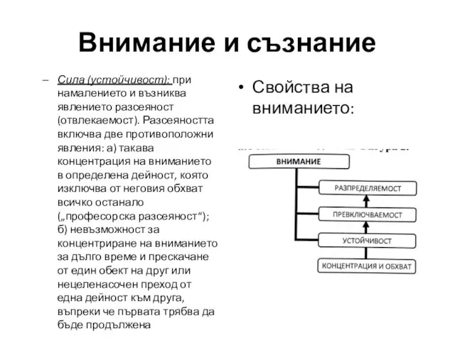 Сила (устойчивост): при намалението и възниква явлението разсеяност (отвлекаемост). Разсеяността