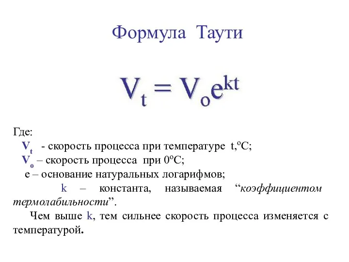 Формула Таути Где: Vt - скорость процесса при температуре t,оС; Vo – скорость