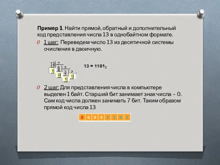 Пример 1. Найти прямой, обратный и дополнительный код представления числа