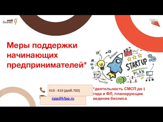 410 - 410 (доб.702) сpp@kfpp.ru Меры поддержки начинающих предпринимателей* *деятельность