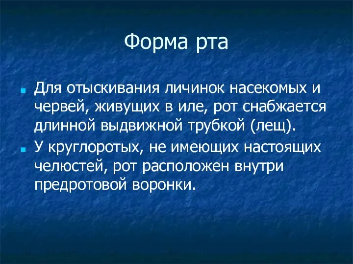 Форма рта Для отыскивания личинок насекомых и червей, живущих в иле, рот снабжается