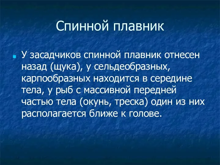 Спинной плавник У засадчиков спинной плавник отнесен назад (щука), у сельдеобразных, карпообразных находится