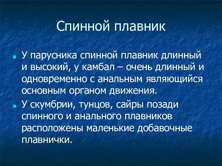 Спинной плавник У парусника спинной плавник длинный и высокий, у камбал – очень