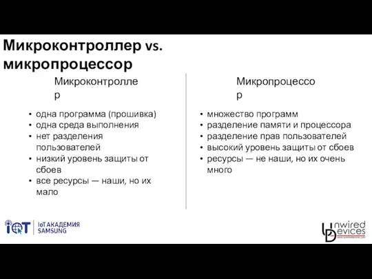 Микроконтроллер vs. микропроцессор Микроконтроллер Микропроцессор одна программа (прошивка) одна среда