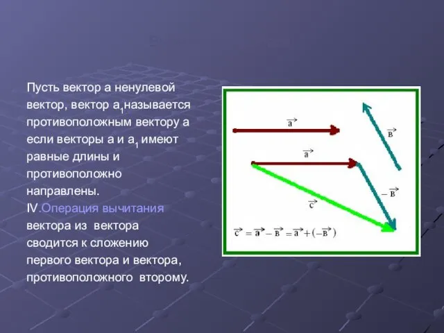 Вычитание векторов. Пусть вектор а ненулевой вектор, вектор а1называется противоположным