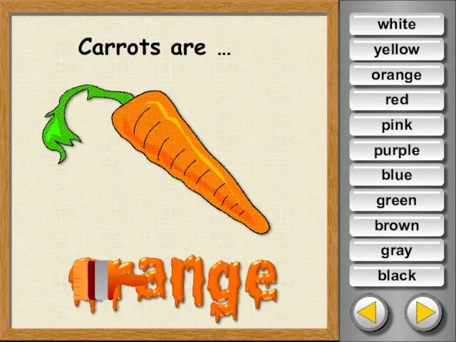 Carrots are … white yellow red pink purple blue green brown gray black orange
