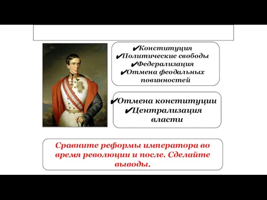 Австро-Венгрия -1868 г. Конституция Политические свободы Федерализация Отмена феодальных повинностей