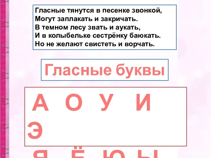 Гласные тянутся в песенке звонкой, Могут заплакать и закричать. В