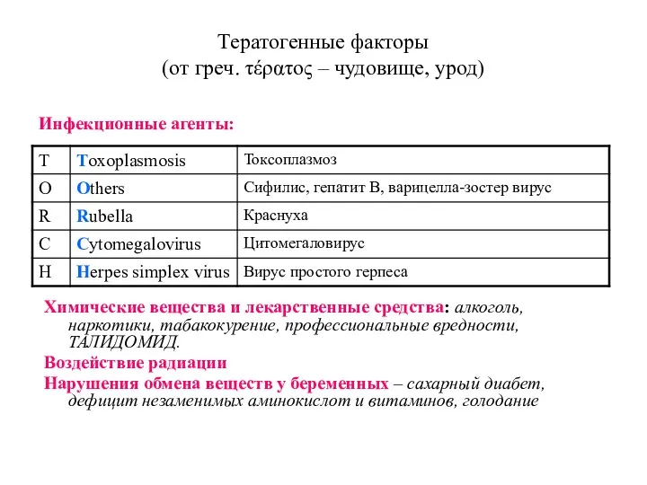 Тератогенные факторы (от греч. τέρατος – чудовище, урод) Инфекционные агенты: