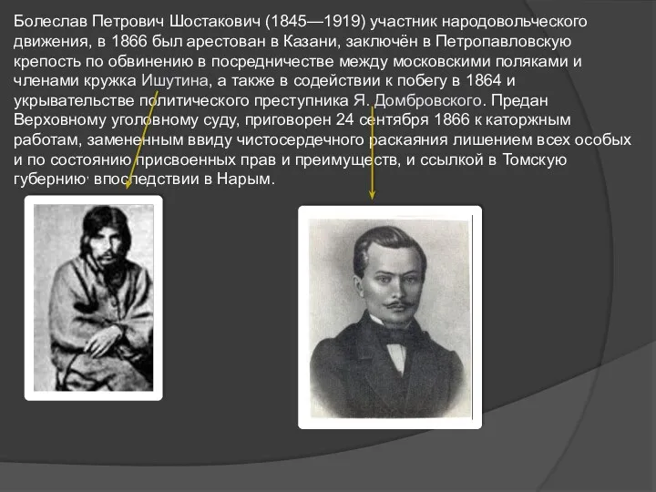 Болеслав Петрович Шостакович (1845—1919) участник народовольческого движения, в 1866 был