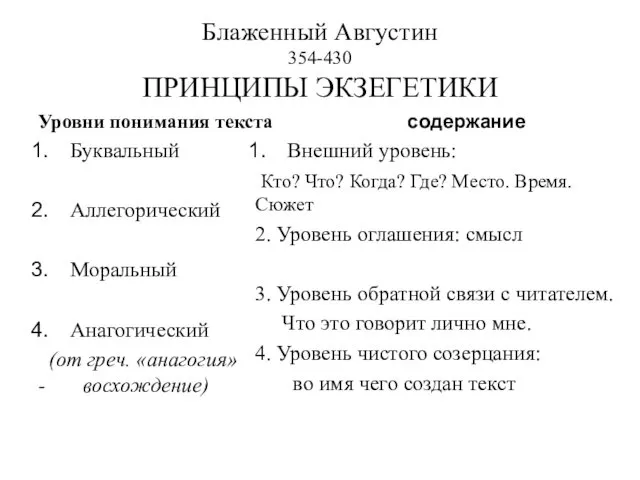 Блаженный Августин 354-430 ПРИНЦИПЫ ЭКЗЕГЕТИКИ Уровни понимания текста Буквальный Аллегорический