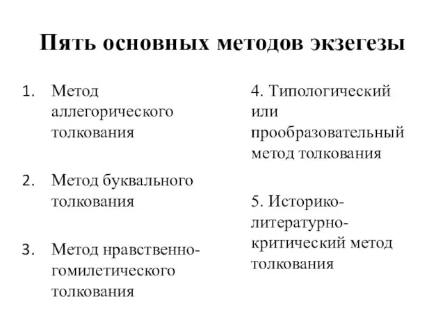 Пять основных методов экзегезы Метод аллегорического толкования Метод буквального толкования