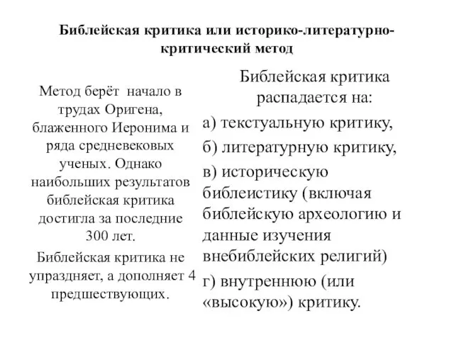 Библейская критика или историко-литературно-критический метод Метод берёт начало в трудах