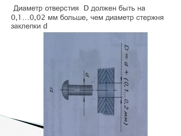 Диаметр отверстия D должен быть на 0,1…0,02 мм больше, чем диаметр стержня заклепки d