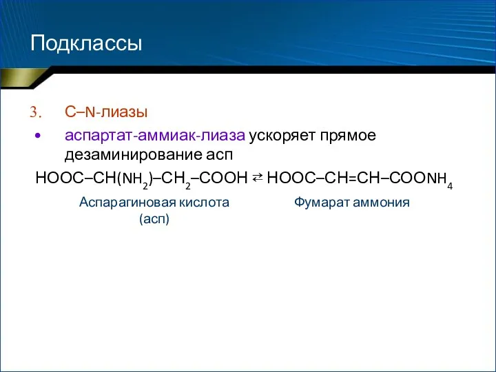 Подклассы С–N-лиазы аспартат-аммиак-лиаза ускоряет прямое дезаминирование асп НООС–СН(NH2)–СН2–СООН ⇄ НООС–СН=СН–СООNH4 Аспарагиновая кислота (асп) Фумарат аммония