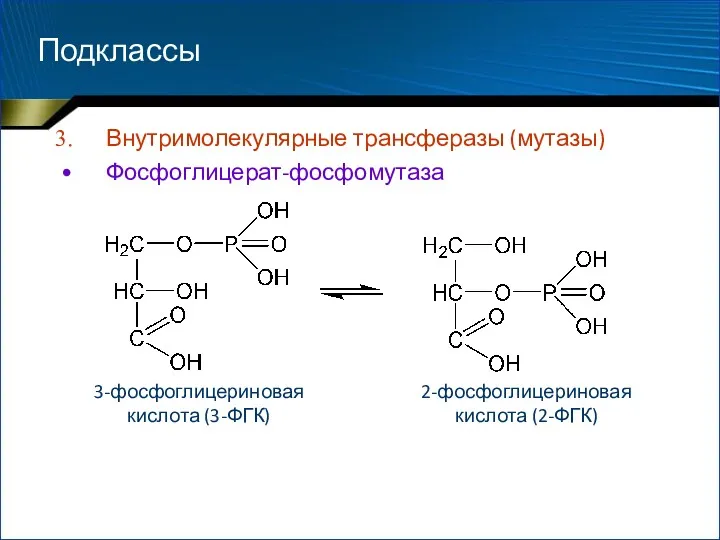 Подклассы Внутримолекулярные трансферазы (мутазы) Фосфоглицерат-фосфомутаза 3-фосфоглицериновая кислота (3-ФГК) 2-фосфоглицериновая кислота (2-ФГК)