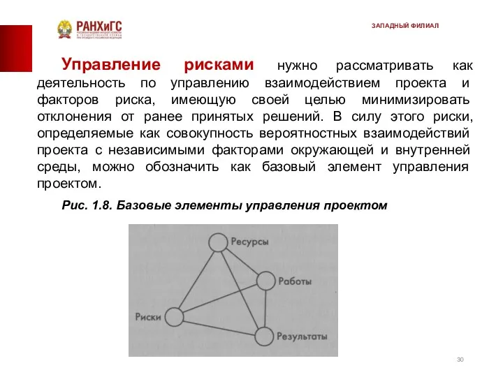 Управление рисками нужно рассматривать как деятельность по управлению взаимо­действием проекта