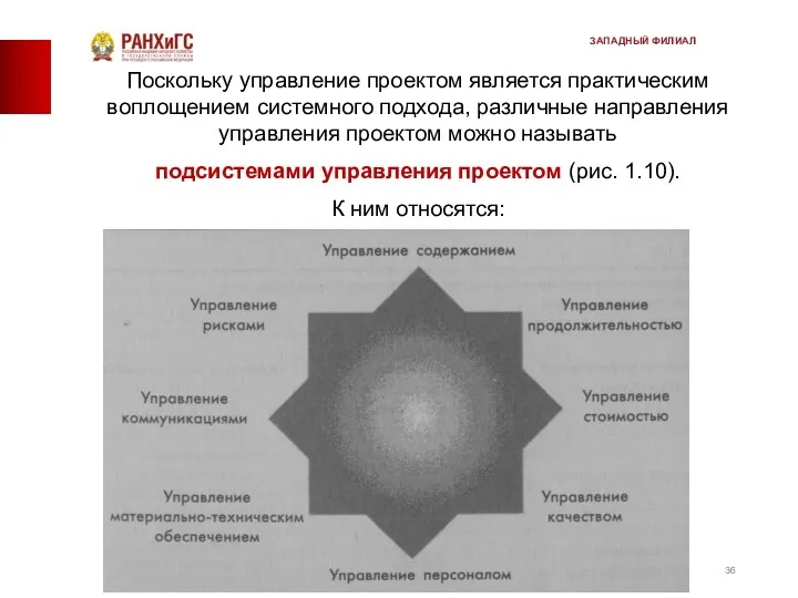 Поскольку управление проектом является практическим воплощением системного подхода, различные направления