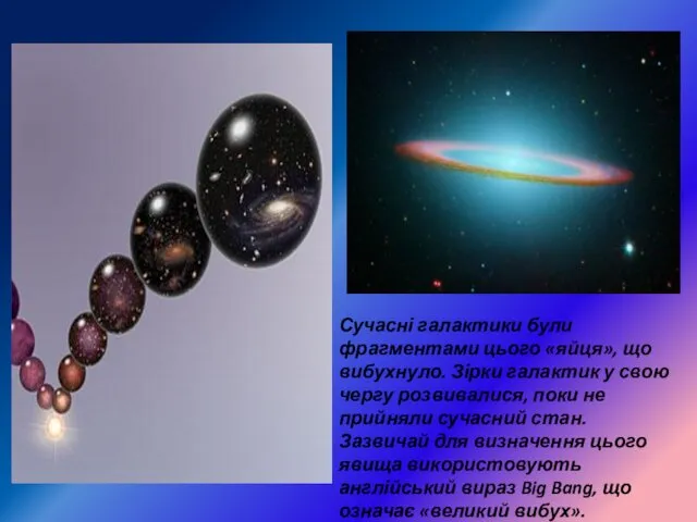 Сучасні галактики були фрагментами цього «яйця», що вибухнуло. Зірки галактик у свою чергу