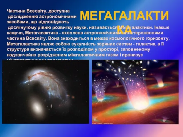 МЕГАГАЛАКТИКА Частина Всесвіту, доступна дослідженню астрономічними засобами, що відповідають досягнутому рівню розвитку науки,