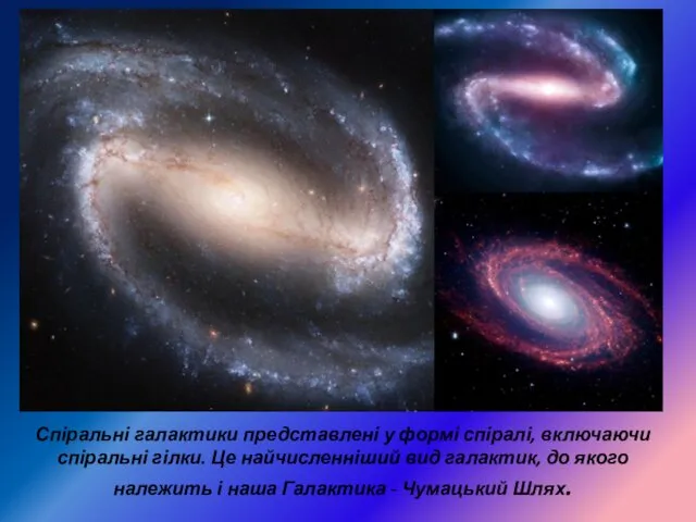 Спіральні галактики представлені у формі спіралі, включаючи спіральні гілки. Це найчисленніший вид галактик,