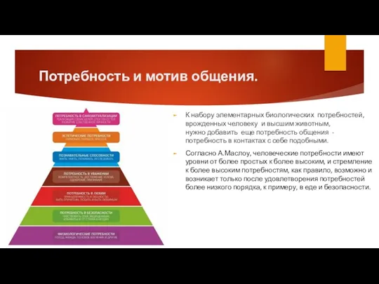 Потребность и мотив общения. К набору элементарных биологических потребностей, врожденных