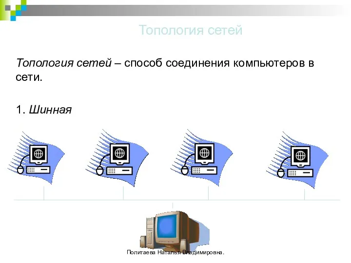 Топология сетей Топология сетей – способ соединения компьютеров в сети. 1. Шинная Политаева Наталья Владимировна.