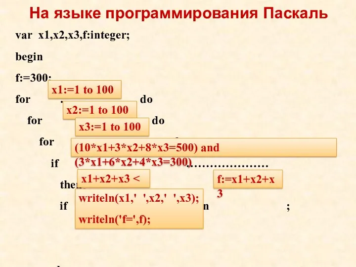 var x1,x2,x3,f:integer; begin f:=300; for ………….. do for …….. do
