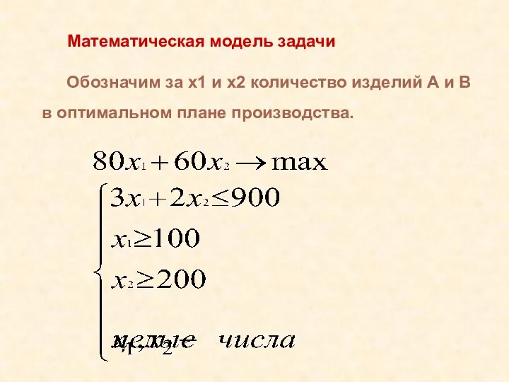 Математическая модель задачи Обозначим за x1 и x2 количество изделий