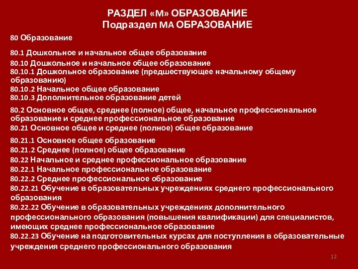 РАЗДЕЛ «M» ОБРАЗОВАНИЕ Подраздел MA ОБРАЗОВАНИЕ 80 Образование 80.1 Дошкольное