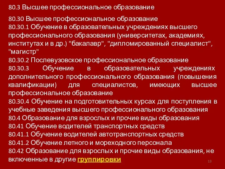 80.3 Высшее профессиональное образование 80.30 Высшее профессиональное образование 80.30.1 Обучение