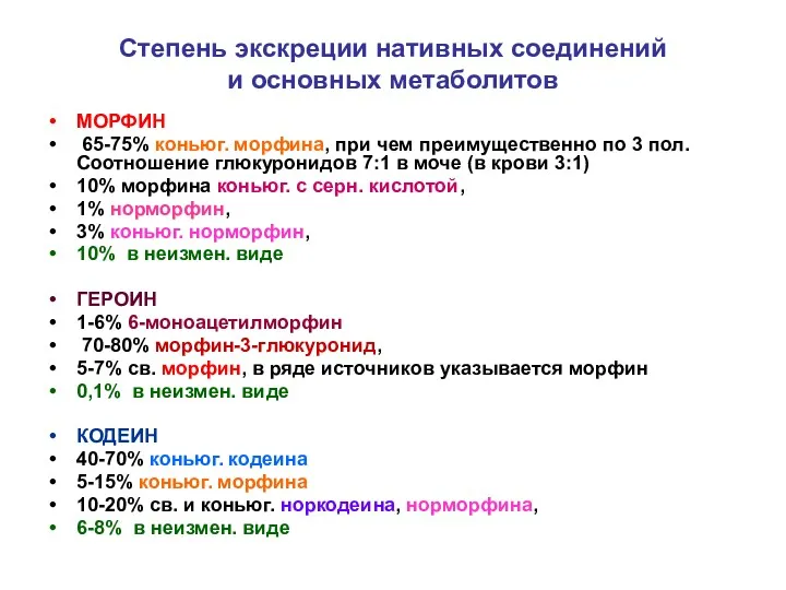 Степень экскреции нативных соединений и основных метаболитов МОРФИН 65-75% коньюг.