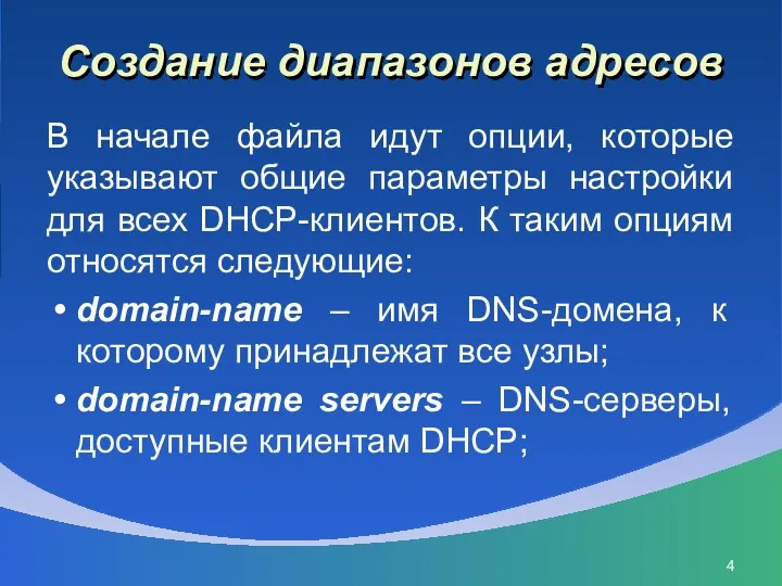 Создание диапазонов адресов В начале файла идут опции, которые указывают