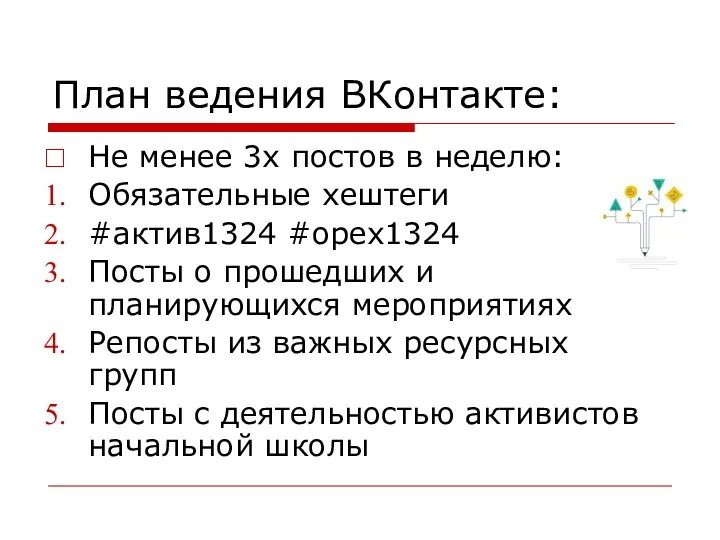 План ведения ВКонтакте: Не менее 3х постов в неделю: Обязательные