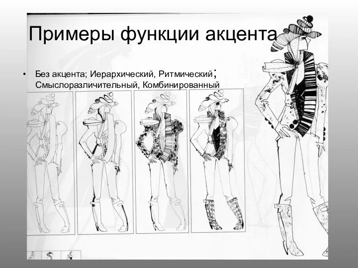 Примеры функции акцента Без акцента; Иерархический, Ритмический; Смыслоразличительный, Комбинированный