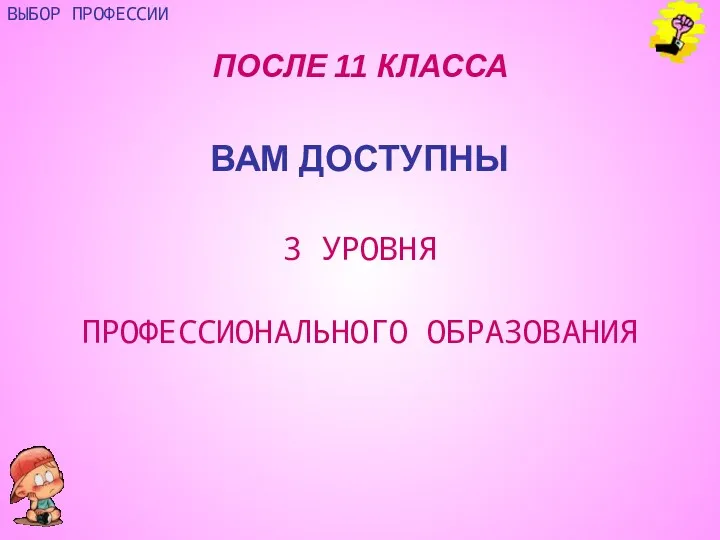 ПОСЛЕ 11 КЛАССА ВАМ ДОСТУПНЫ 3 УРОВНЯ ПРОФЕССИОНАЛЬНОГО ОБРАЗОВАНИЯ ВЫБОР ПРОФЕССИИ