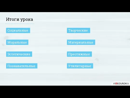 Итоги урока Престижные Материальные Творческие Социальные Моральные Эстетические Познавательные Утилитарные